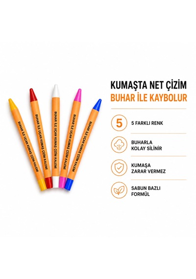 Buhar İle Uçan Kumaş Çizim Kalemi 5 Renk Silinebilir Sabun Kalem Seti