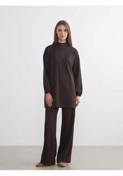 Lcw Modest Kahverengi Dik Yaka Oversize Kadın Sweatshirt Tunik