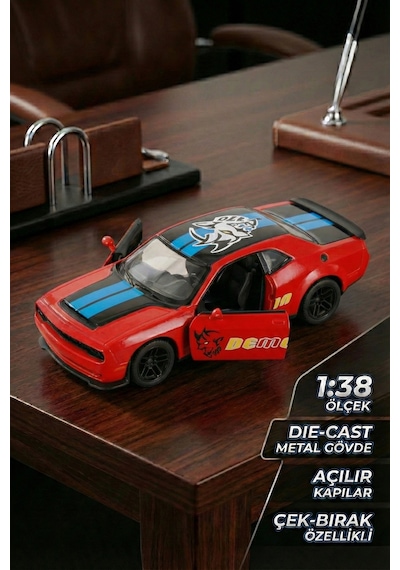 1:38 Ölçek Dodge Challenger Demon Metal Oyuncak Araba - Çek Bırak Açılır Kapılı Kırmızı Çok Renkli