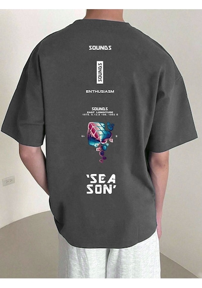 Erkek Füme Oversize Sea Son Baskılı Örme T-shirt Füme