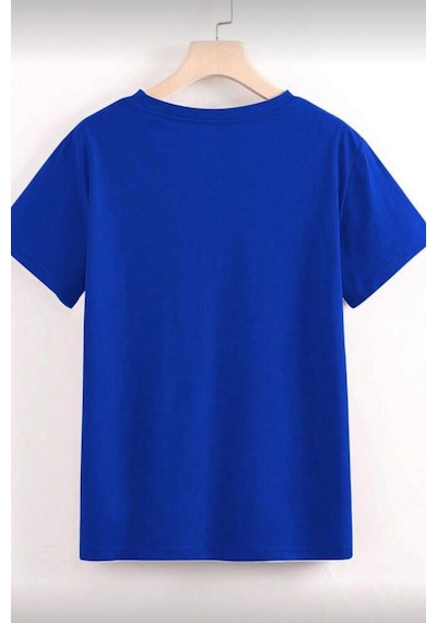 Gold Cherry Kadın Oversize Ön Baskılı Bisiklet Yaka Pamuklu T-shirt Rahat Kesim Sax Mavısı