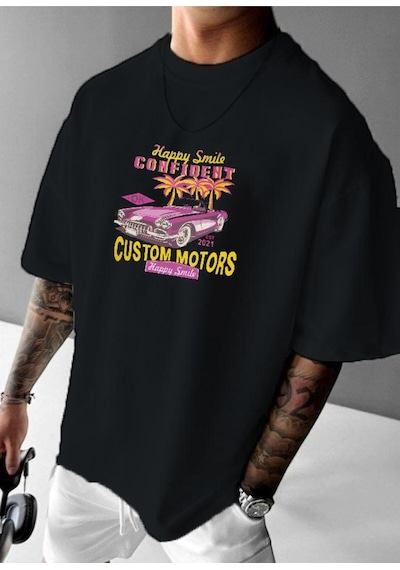 Custom Motor Baskılı Oversize Tişört SIYAH