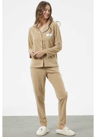 Sementa Gömlek Yaka Düğmeli Polar Pijama Takım - Camel 001