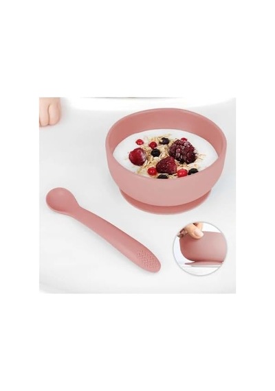Meleni Baby Vakumlu Silikon Bebek Mama Kasesi - Vakum Tabanlı Kase - Silikon Diş Kaşıyıcı Kaşık - Pembe Genel