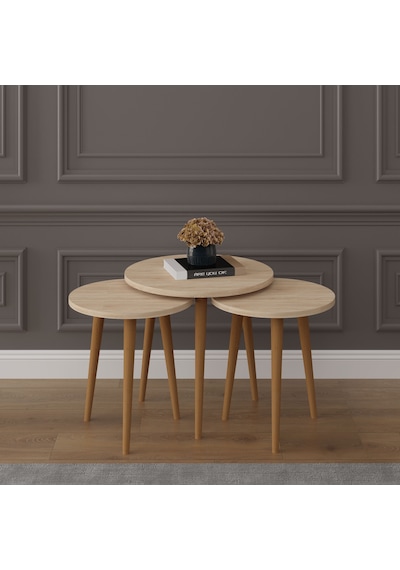 Asra Trend 3'lü Yuvarlak Zigon Sehpa Takımı SEHPA01 %100 MDF Ahşap Ayaklı Sonoma