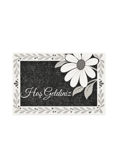 Kartela Halı Hoş Geldiniz Yazılı Papatyalı Kapı Paspası Siyah Beyaz Kaymaz Kauçuk Taban 40x60 Cm