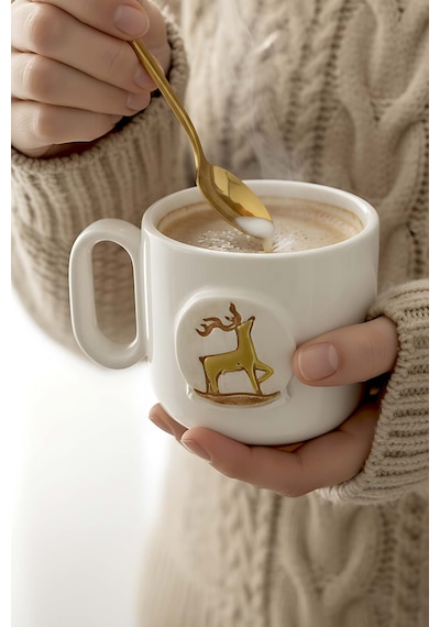 Rivaistanbul Geyik Amore 24 K Altın Süslemeli El Yapımı Yılbaşı Hediyesi Seramik Double Kahve Fincanı, Mug, Kupa Beyaz