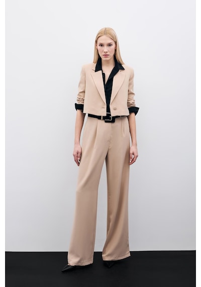 Sateen Pileli Krep Pantolon - Bej