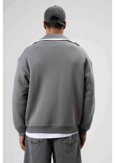 Vamos Oversize Fermuarlı Yaka Sweatshirt Füme