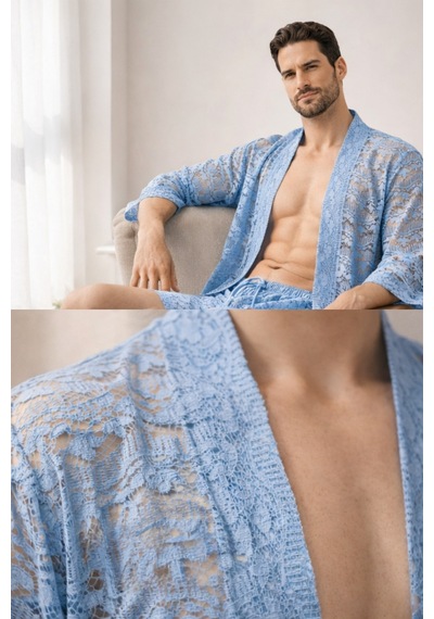 Qmen Style Erkek Güpür Dantel Kimono Takımı 3 Lü Dantel Set Bornoz + Pantolon + Şort Mavi