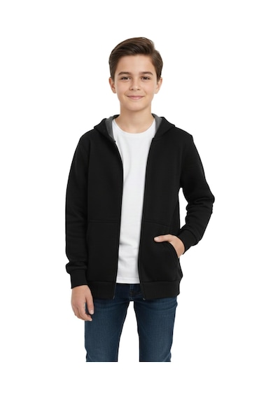 Pandonim Siyah Fermuarlı Kapüşonlu Cepli Kız Erkek Sweatshirt Bgl-st05001 Siyah