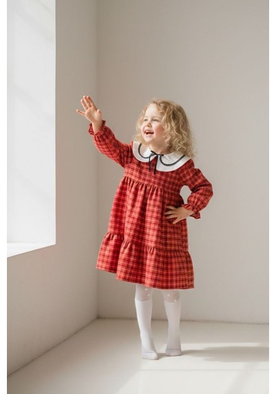Mnk Baby & Kids Kaşe Ceketli Kız Çocuk Ekose Kumaş Nakış Yaka Elbise M00796 Kırmızı