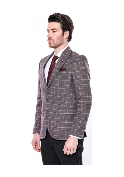 Wessi Ekose Slim Fit Bordo Erkek Ceket - Wessi Bordo