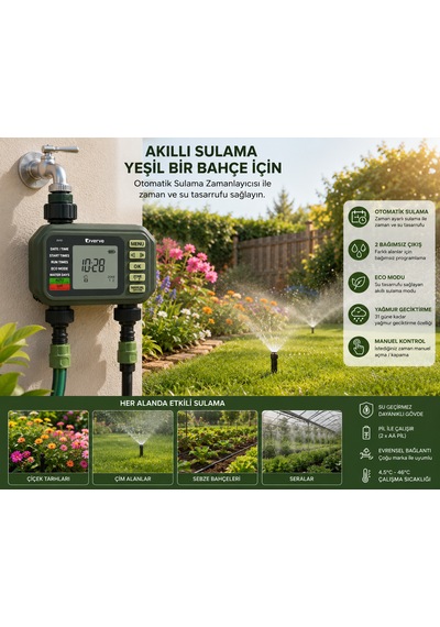 2 Çıkışlı Dijital Sulama Zamanlayıcısı Lcd Ekranlı Otomatik Bahçe Sulama Kontrol Cihazı Eco Mod Yağmur Geciktirme