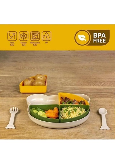 4 Bölmeli Çıkarılabilir Ayıcık Desenli 7 Parça Mama Yemek Tabağı ve Çatal Kaşık Seti Bpa Free Yeşil - Sarı