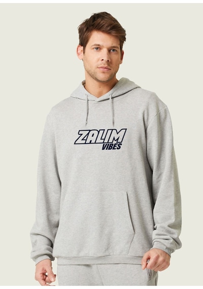 Unisex Oversize Zalım Baskılı Kapüşonlu Sweatshirt Gri