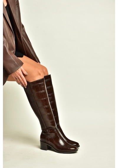 Fox Shoes Z608182811 Kahverengi Kroko Baskılı Kalın Topuklu Kadın Çizme