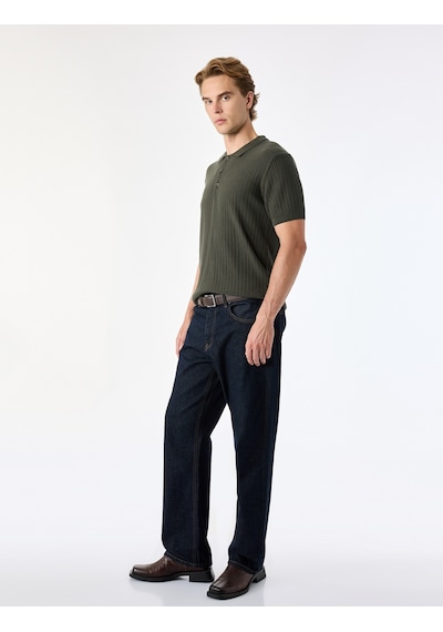 Koton Regular Fit Kısa Kollu Pamuklu Dokulu Düğmeli Polo Yaka Triko Tişört Haki 7wam70044ht