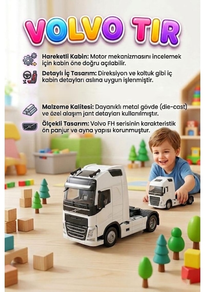 Işıklı Sesli Pilli Çek Bırak Mekanizmalı Öne Doğru Açılan Kabinli 11cm Dorsesiz Oyuncak Tır Beyaz