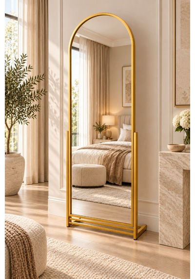 Boy Aynası Gold Metal Çerçeveli Ayarlanabilir Ayaklıdekoratif Ayna 60x190 Cm Altın