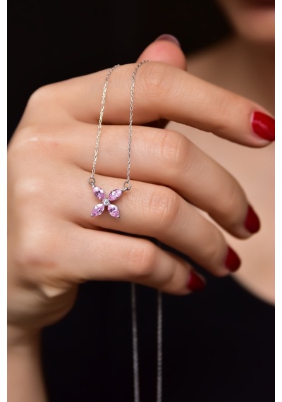 Papatya Silver 925 Ayar Gümüş Rodyum Kaplama Pembe Zirkon Taşlı Plumeria Kolye
