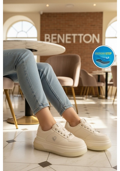 United Colors Of Benetton Beyaz Bağcıklı Cilt Memory Foam Kadın Spor Ayakkabı Bnı-12046 G