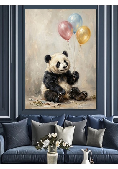 Balonlu Ve Mutlu Oturan Panda Dekoratif Kanvas - Mdf Ahşap Tablo