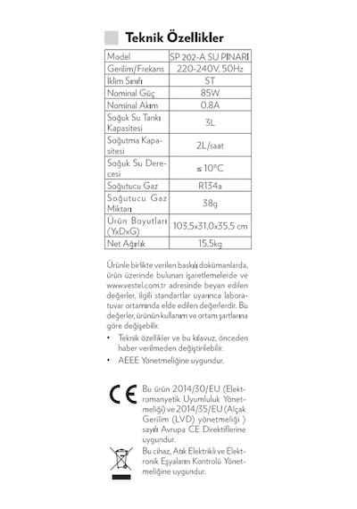 Vestel SP 202-A Su Sebili