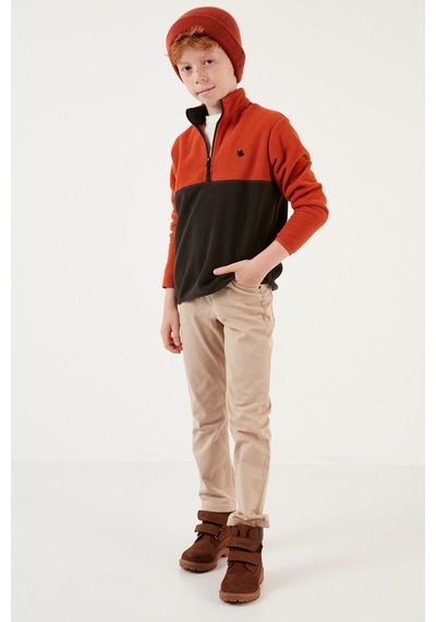 Lela Yumuşak Dokulu Yarım Fermuarlı Renk Bloklu Dik Yaka Unisex Çocuk Polar 5905004 Orange-Antrasit
