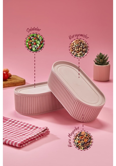 Vienev 3'lü Elastik Bantlı İstiflenebilir Pratik Saklama Kabı Seti 2x 1100 Ml 1x 2600 Ml Pembe