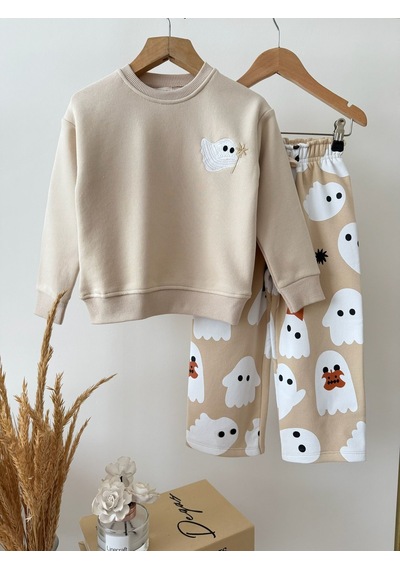 Magu Çocuk Desenli Ekru Sweatshirt Ve Bol Paça Eşofman Takımı Çok Renkli