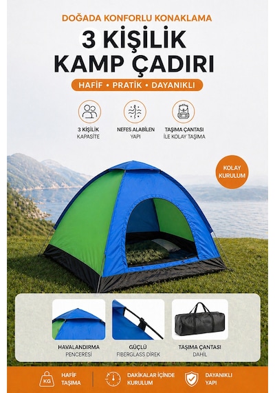 3 Kişilik Kamp Çadırı 200 150 110cm Kolay Kurulumlu 3 Kişilik Çadır Karışık