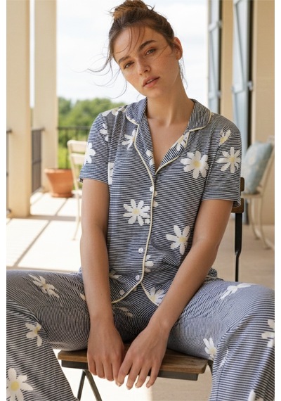 Siyah İnci Düğmeli Biyeli Viskon Örme Pijama Takım 26120763 Lacivert Çizgi