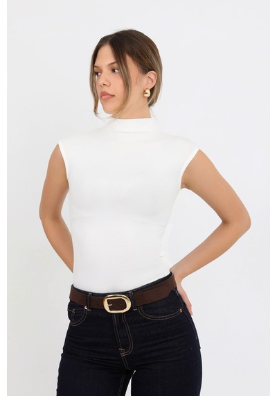 Hdm Kadın Ekru Yarım Balıkçı Sıfır Kol Yumuşak Örme Bluz - H6178