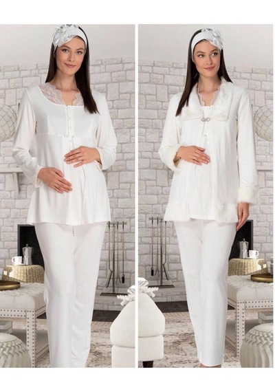 Mecit Pijama Mecit 5304 Ecru Peluş Detaylı Sabahlıklı Lohusa Pijama Takımı