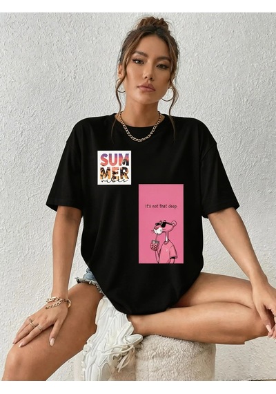 Pink Panther Holiday Oversize Siyah Tişört Siyah