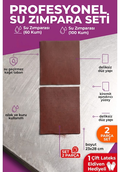 23x28 Cm Su Zımparası Seti 60 100 Kum 2 Parça Islak Kuru Yüzey Temizleme Zımparası + Eldiven
