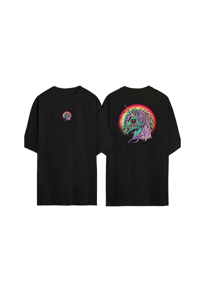 Thewert Unisex Deniz Mavisi Ve Mor Unicorn Ön Arka Baskılı Sıyah Oversize T-shirt Siyah