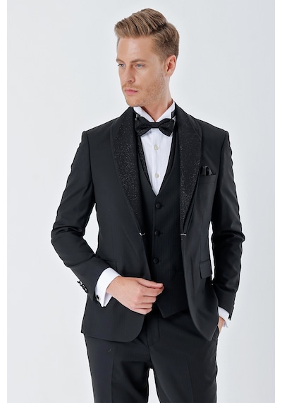 İmza Siyah Çizgili Çıkarılabilir Şal Yaka Yelekli 6 Drop Slim Fit Smokin Damatlık Takım 1001230212-Siyah