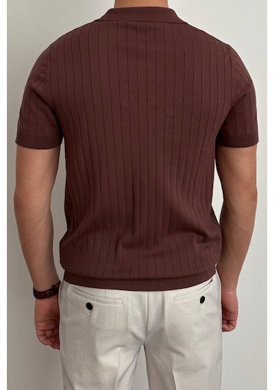 Tarz Cool Erkek Mat Kahverengi Slim Fit Fitilli Polo Yaka Triko T-shirt Mat Kahverengi