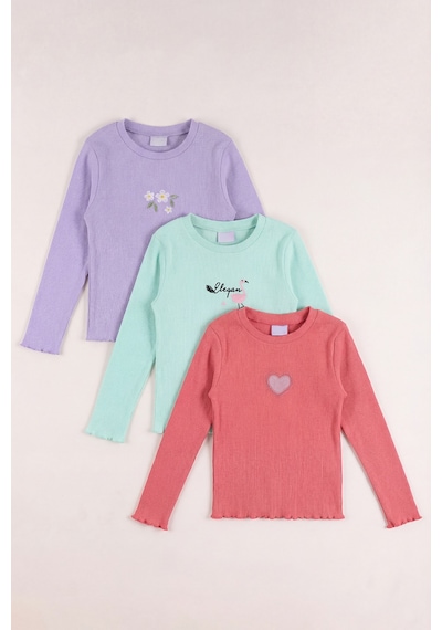 Monox 5-12 Yaş Kız Çocuk Fitilli Nakışlı 3 Lü Sweatshirt Takım Lila Mint Nar