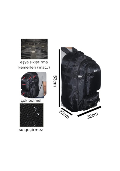 Xmlbayiciniz Baggor 50 Lt Siyah Büyük Boy Su Geçirmez Çok Gözlü Yürüyüş-seyahat-okul-dağcı-spor-trekking-günlük Sırt Çok Renkli