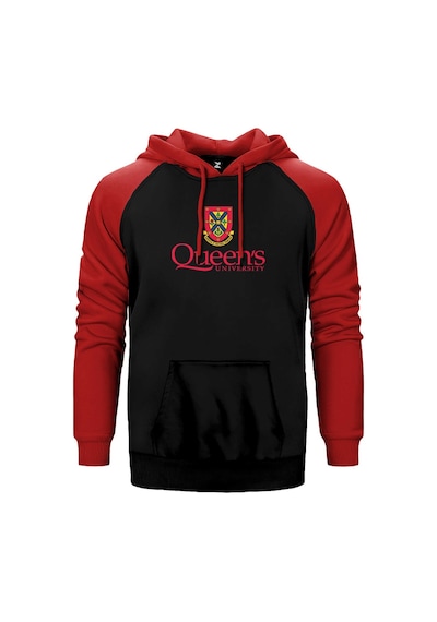 Queen's University Logo Kırmızı Renk Reglan Kol Kapşonlu Sweatshirt Kırmızı