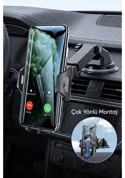 360 Dönebilen Araç Telefon Tutucu - Çift Montajlı Ön Cam + Torpido Tüm Telefonlara Uyumlu Siyah