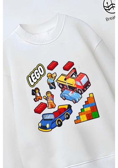 Belyakidswear Trend Çocuk Model Tam Kalıp Oversize Lego Tasarım 3 İplik Pamuğa Pamuk Kumaş Beyaz
