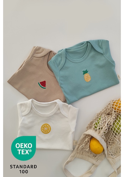 Luppinos Summer 3lü %100 Pamuk Nakışlı Bebek Body Set Bej - Mint Yeşil