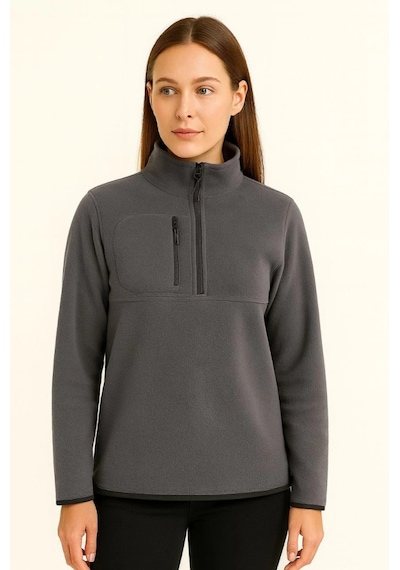 Efnaz Style Polar Kazak Dik Yaka, Yarım Fermuarlı, Fermuarlı Göğüs Cepli, Siyah Biyeli, Kışlık Rahat Regular Fit Günlük Model - Füme