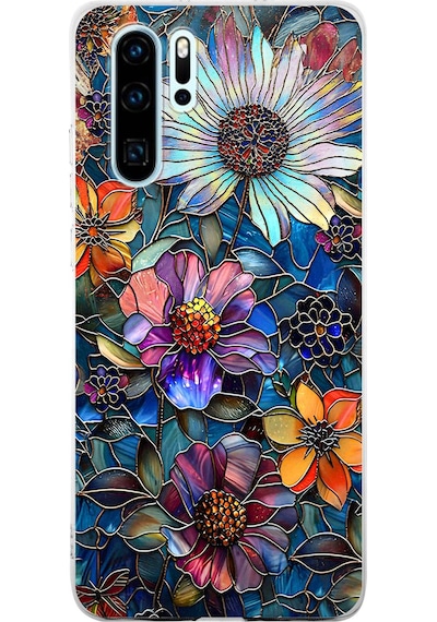 Printify Huawei P30 Pro İle Uyumlu Vitray Mücevher Flora Tasarımlı Şeffaf Silikon Kılıf Şeffaf