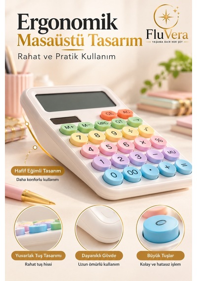 Beyaz Renkli Tuşlu Hesap Makinesi Büyük Ekranlı, Pratik Ve Kolay Kullanımlı Masaüstü Hesap Makinesi Diğer