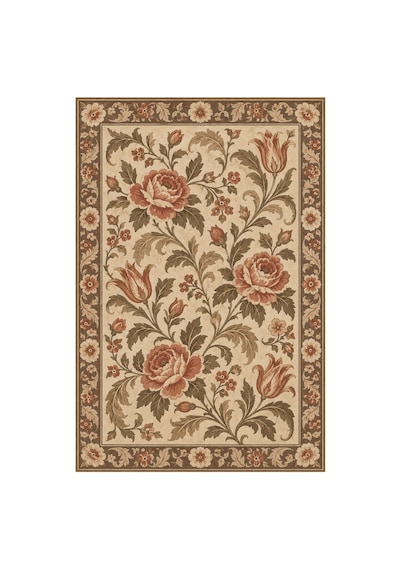 Kartela Halı Vintage Çiçek Bordürlü Halı Bej Kaymaz Taban Makinede Yıkanabilir 160x240 Cm